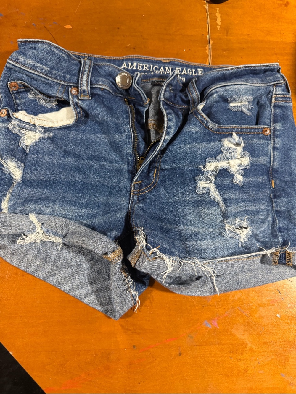 American Eagle Outfitters Ripped Rolled-Hem Denim Shorts - Blue